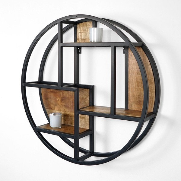 Etagère ronde en métal et bois massif