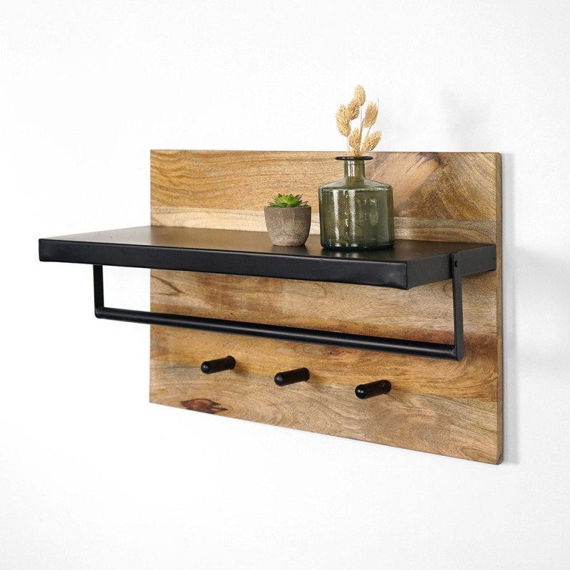 Kleiderständer aus Massivholz mit Metallregal und 3 Haken