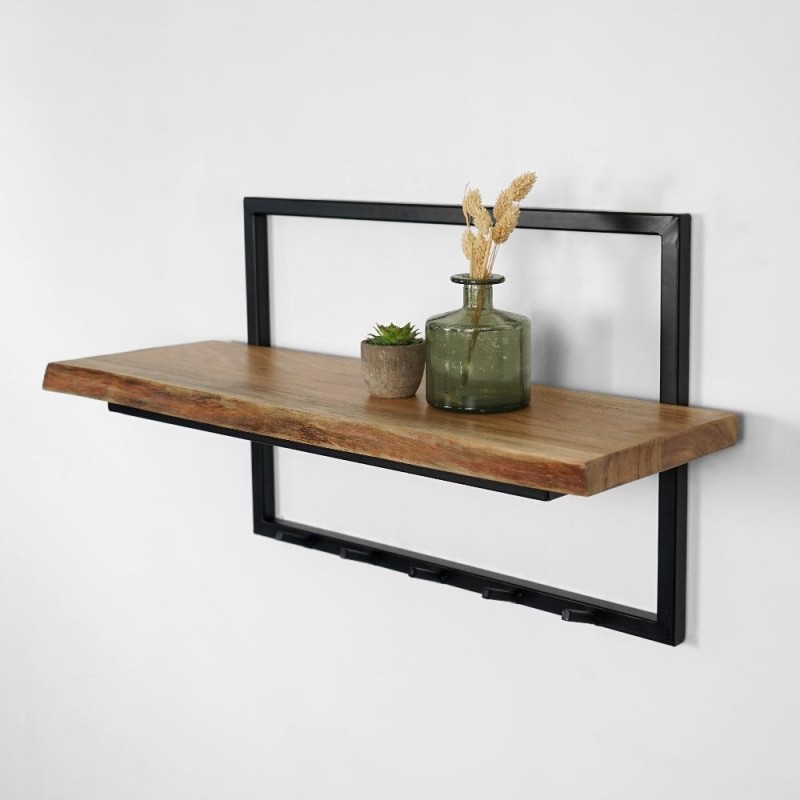 Industrielle Garderobe aus Massivholz und Metall 5 Haken