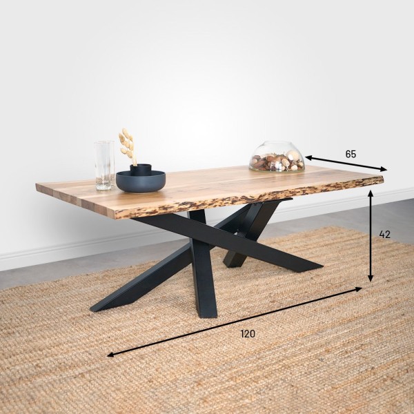 Table basse Mikado avec plateau en bois massif à bord naturel