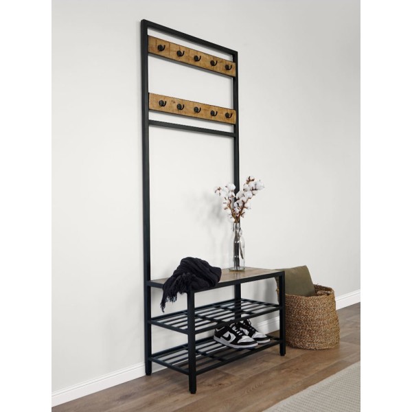 Etagère industrielle en métal et bois massif avec 10 crochets