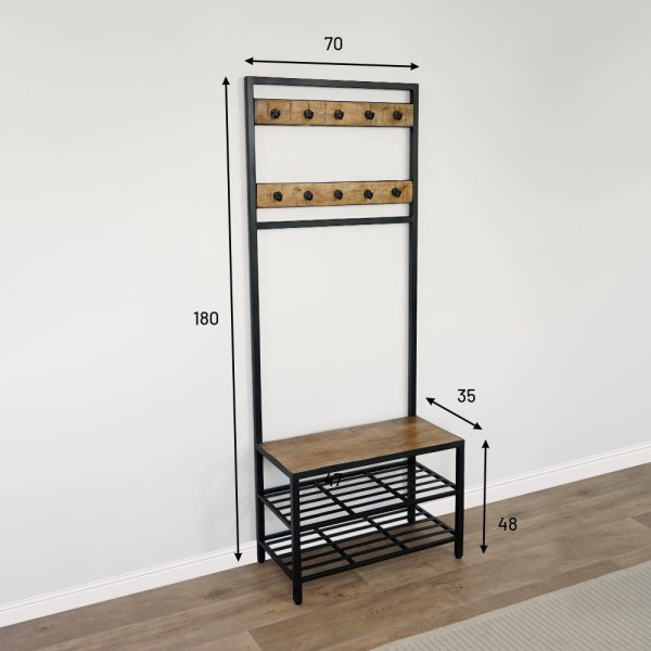 Etagère industrielle en métal et bois massif avec 10 crochets