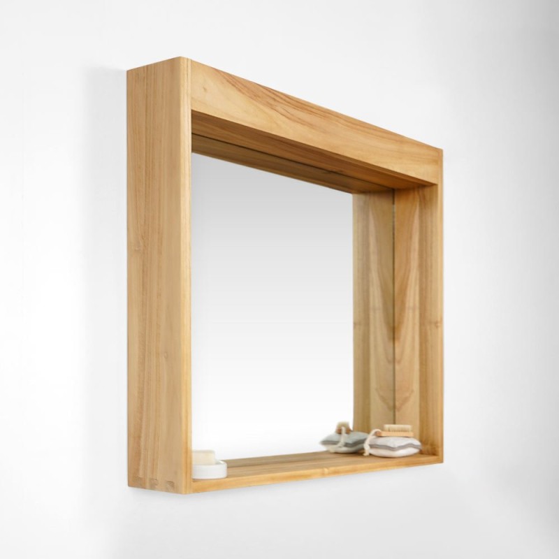 Rechteckiger Spiegel 90 cm Rahmen aus massivem Teakholz mit Lampenplatz