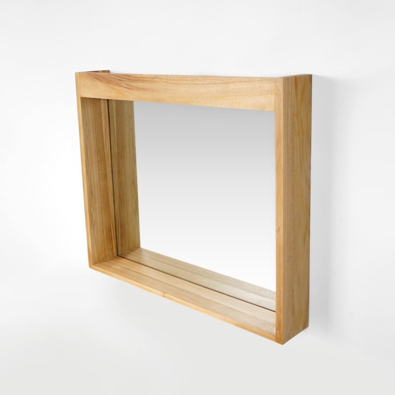 Rechteckiger Spiegel 90 cm Rahmen aus massivem Teakholz mit Lampenplatz