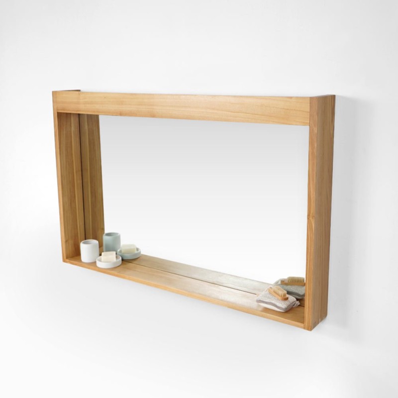 Rechteckiger Spiegel 120 cm Rahmen aus massivem Teakholz mit Lampenplatz