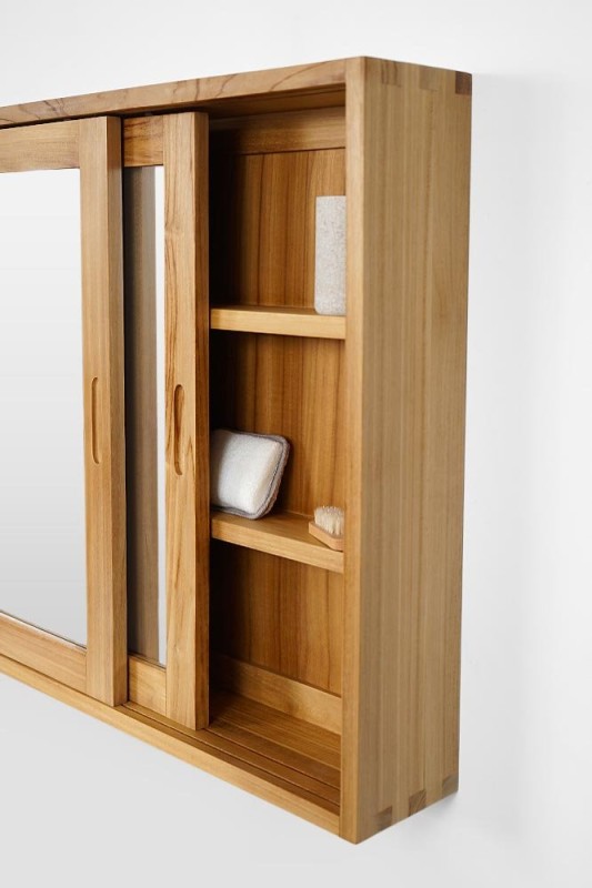 Badezimmerschrank 80cm massives Teakholz Schiebetüren mit Spiegel