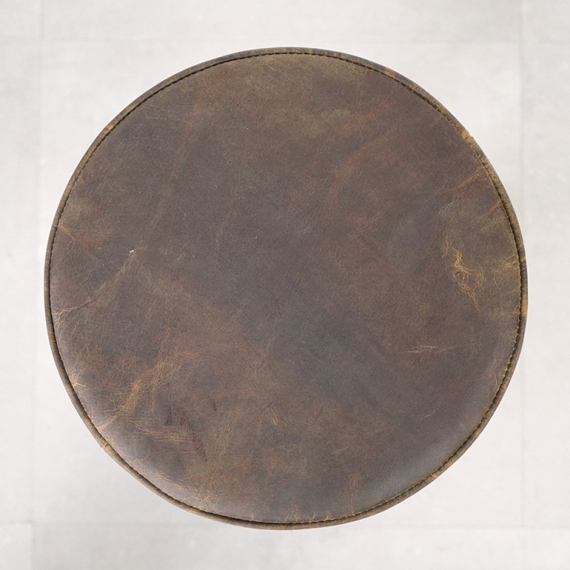 Erhöhbarer Industriehocker mit Kurbelantrieb und Sitzfläche aus Leder