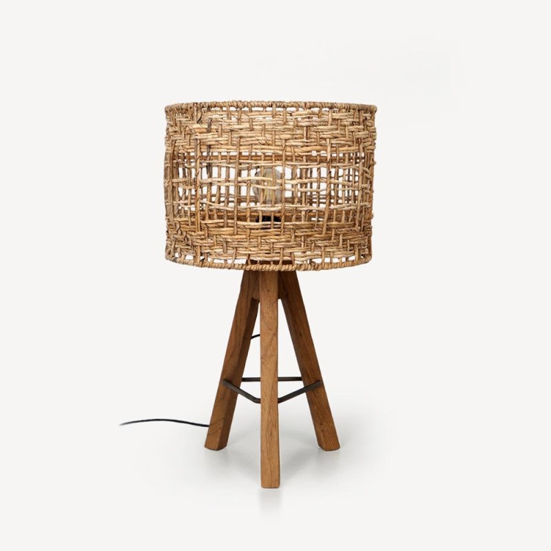 Tischlampe aus recyceltem Teakholz und Rattan